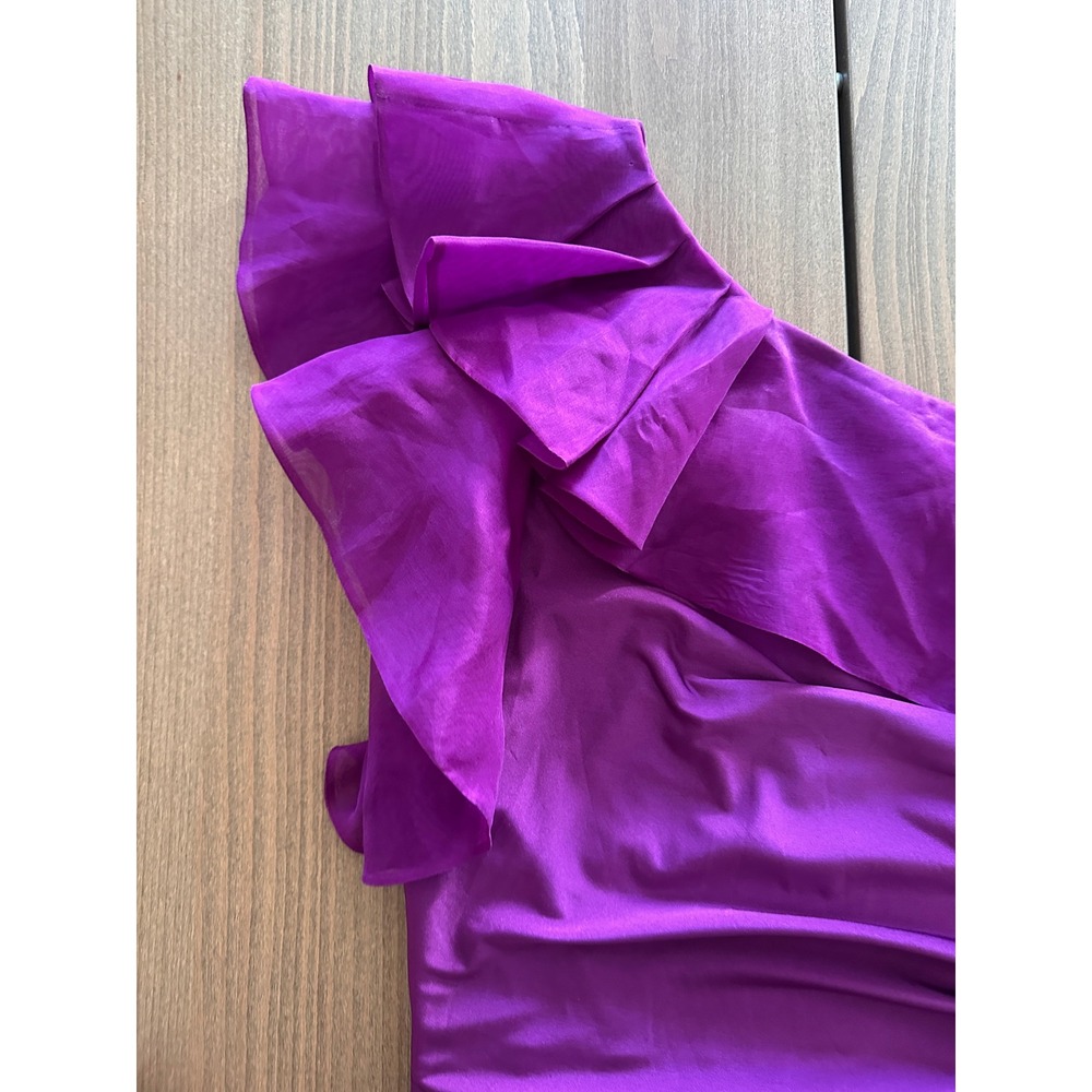 Adrianna Papell Purple One Shoulder Ruched Silk Ruffle Cocktail Mini Dress - Picture 7 of 9